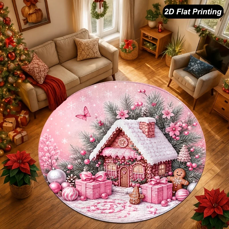 Christmas Pink Snowman Round Carpet Cute Couple Snowman Knit Hat Scarf Print Floor Mat for Living Room Bedroom Xmas Holiday