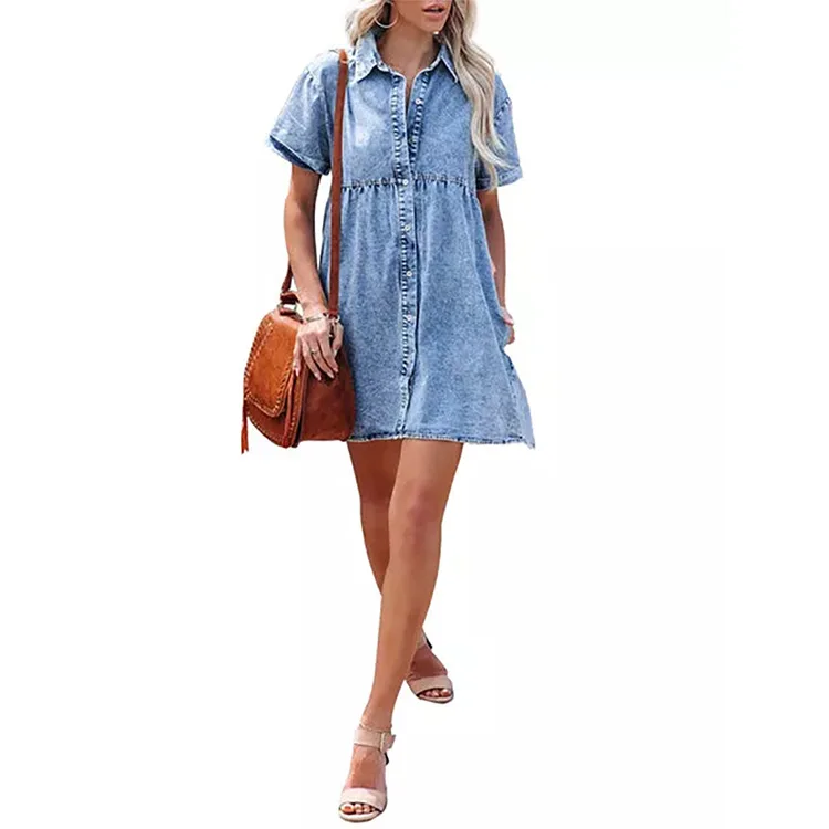 Dresses For Women 2023 Spring/summer Leisure Fashion Washed Denim Polo Neck Sweetheart Ruffle Edge Temperament Women's Dress