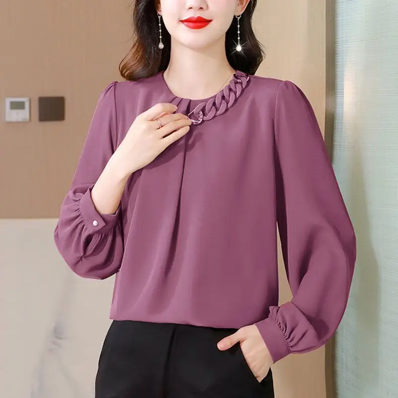 Temperament Fashion Simplicity Solid Color Atmosphere Versatile Montage Chain Age Reduction Women\'s Chiffon Shirt Autumn 2024