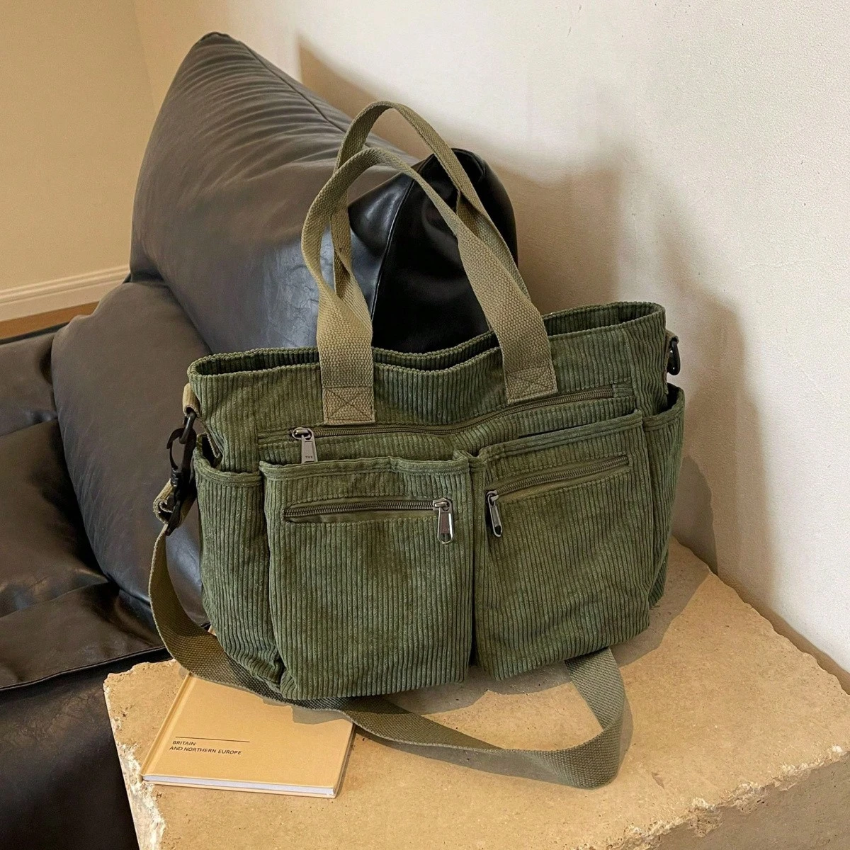 Women's Corduroy Tote Bag with Multiple Compartments |   Olive Green Handbag with Adjustable Crossbody Strap |   Everyday Essential for Work, Shopping & Travel
