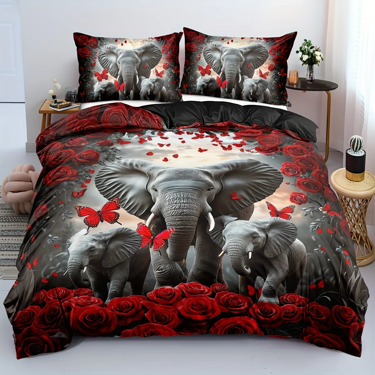 2026 2/3pcs Elephant Bedding Set Red Rose Duvet Set Butterfly Quilt Cover Bedroom Decor Guest Room 2D Animal Flat Print