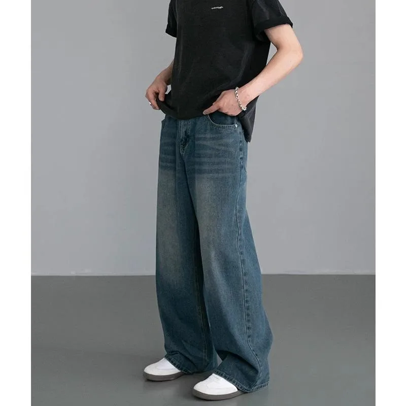 

Men's Vintage Blue Wide Leg Jeans Loose Fit High Waist Casual Denim Trousers