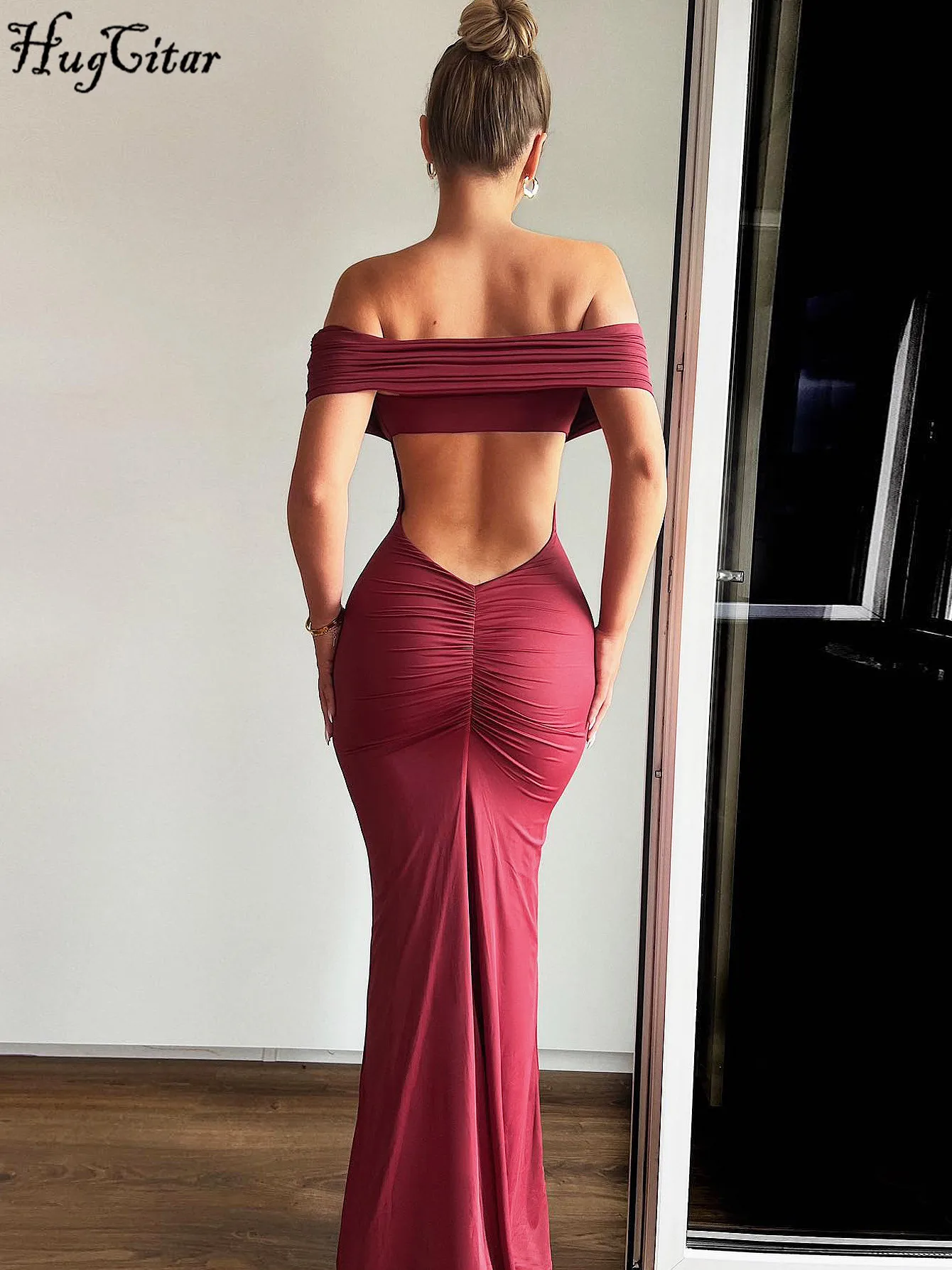 Hugcitar Slash Neck Solid Sleeveless Backless Ruched Sexy Elegant Bodycon Maxi Prom Dress Summer Women Clothes Birthday Party