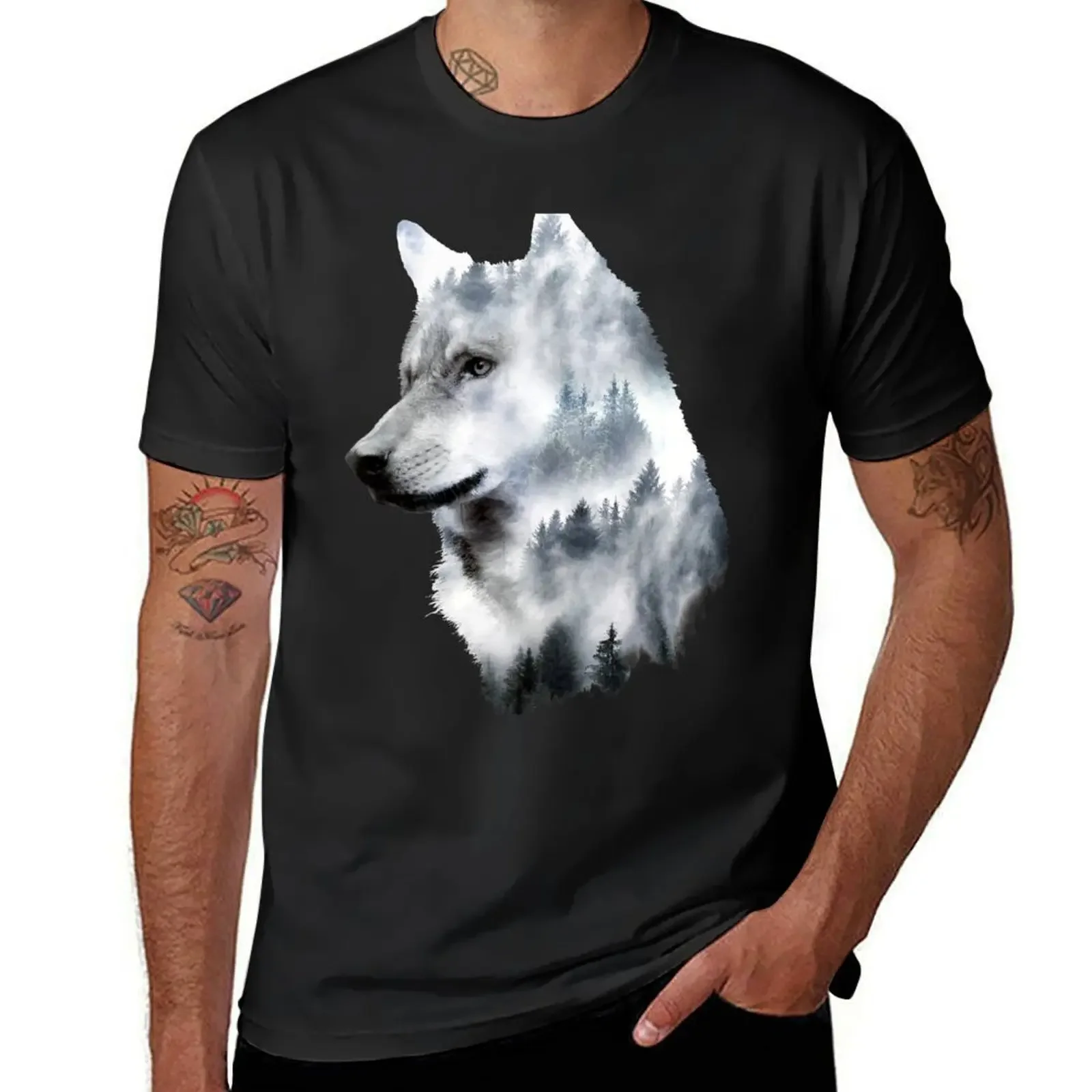 Dramabite Double exposure wolf T-Shirt summer top blacks graphic shirts men graphic t shirts