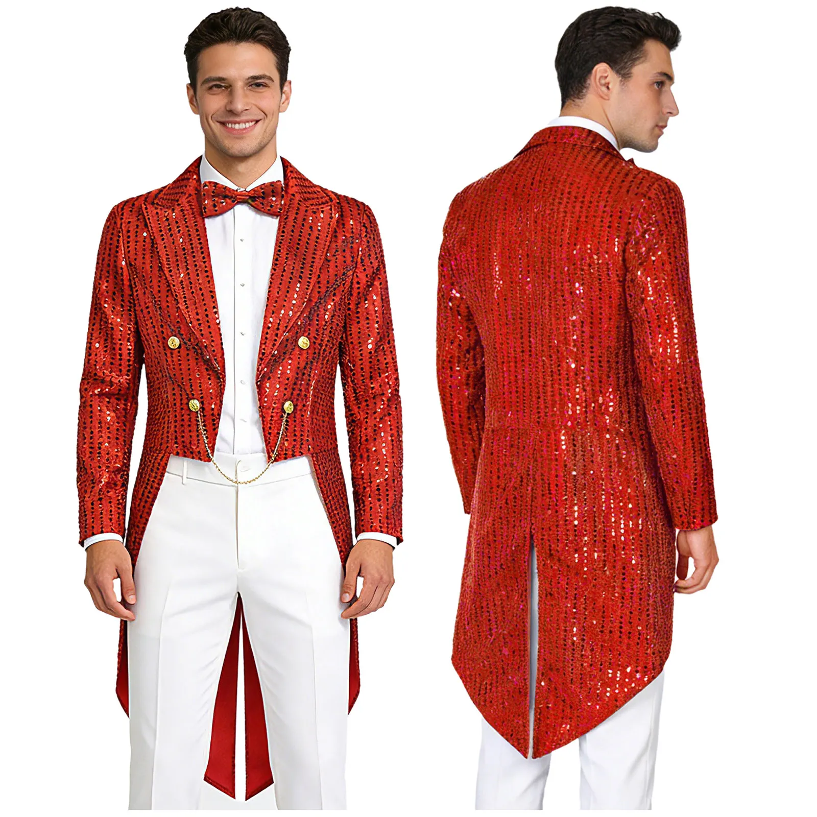 

Sparkling Medieval Swallowtail Jacket for Men Vintage Sequin Tailcoat with Bowtie Open Front Long Sleeve Prom Party Coat Outwear