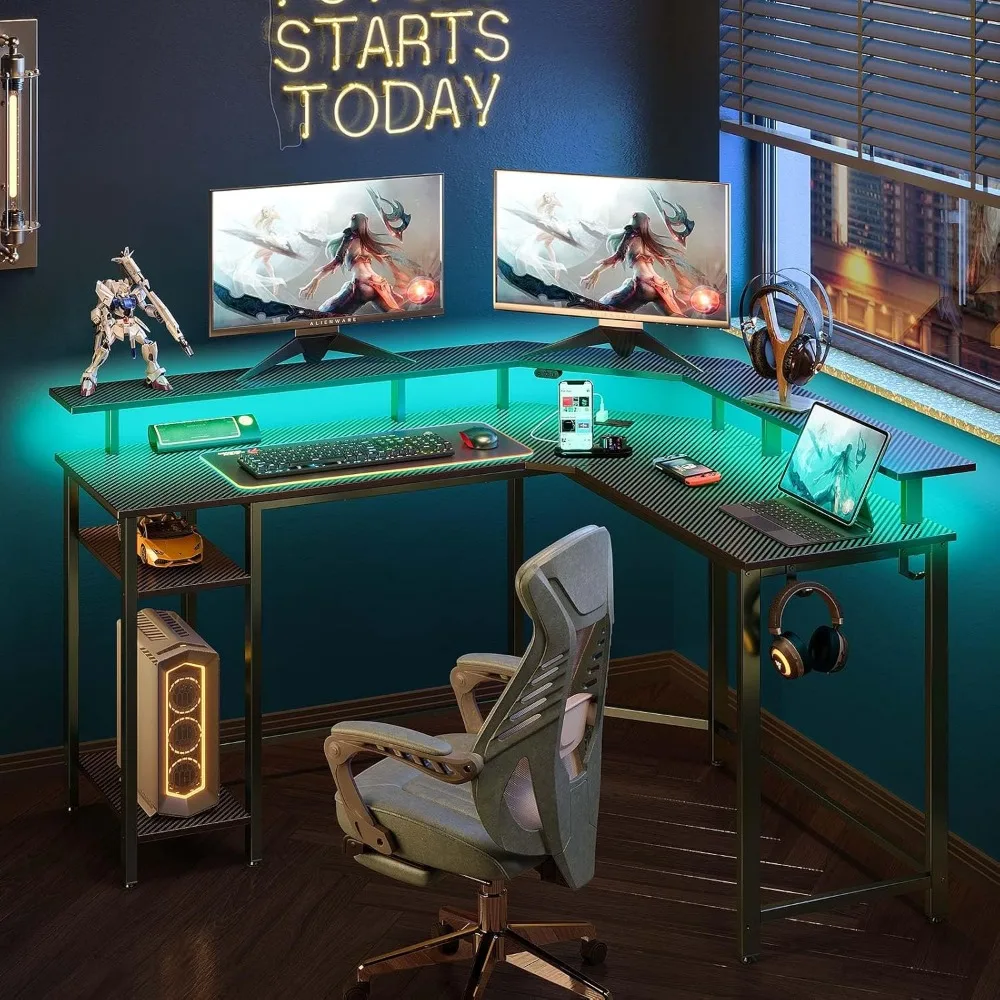 L-Shaped Gaming Desk with LED Lighting and Power Outlets, 46.2-inch Computer Desk featuring Full Monitor Stand and Storage Shelf