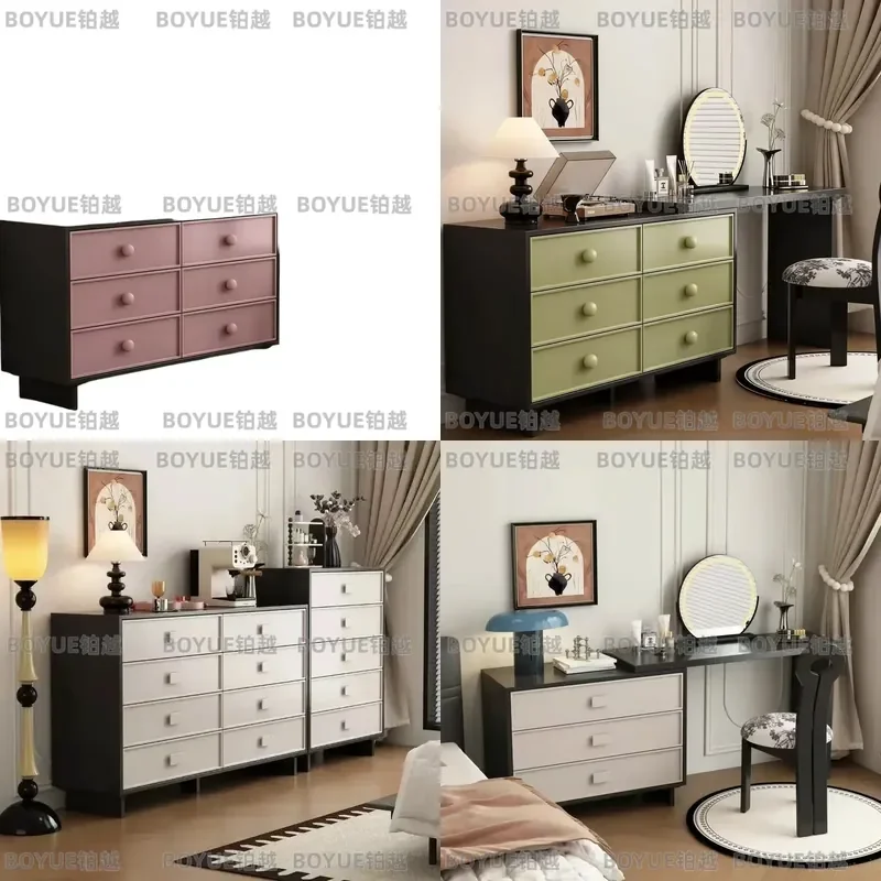 Retro Solid Wood L Shaped Dresser with Contrasting Colors Antique Finish Makeup Vanity Table Integrated Bedside Chest Cabinet