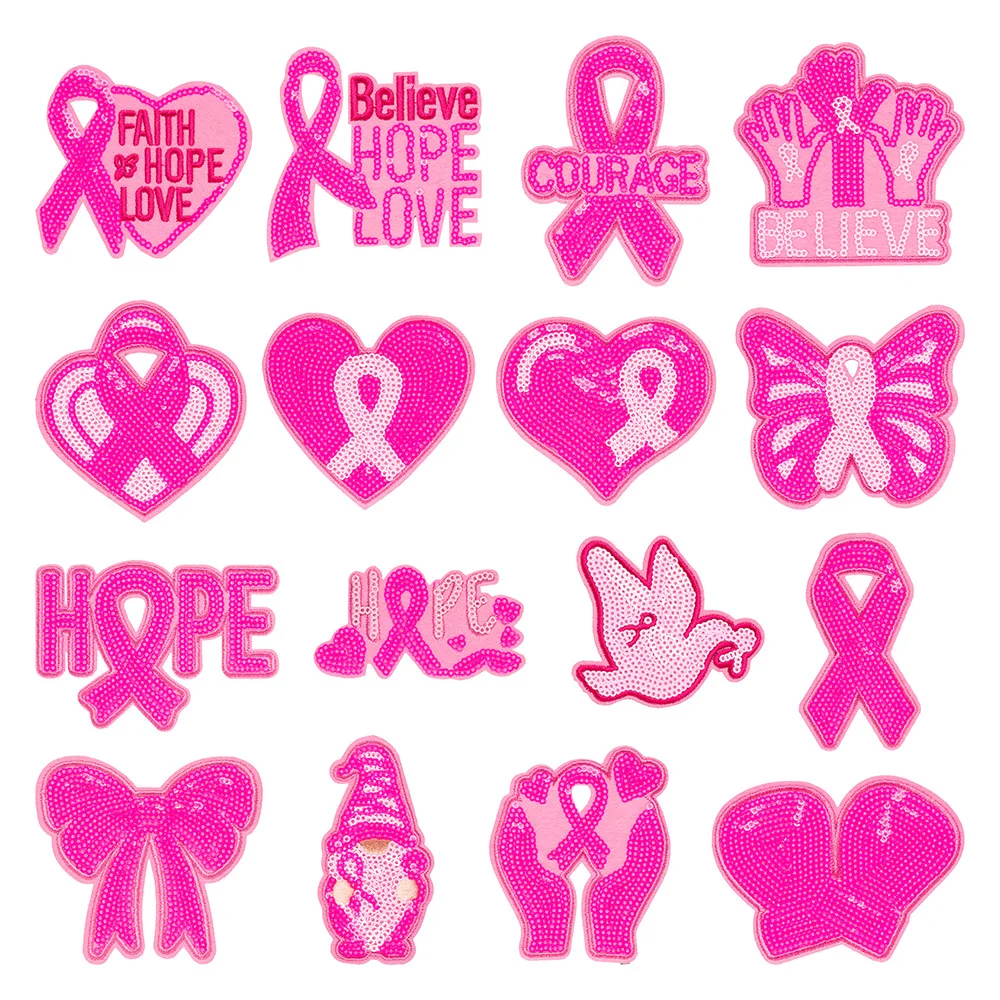 Breast Care Day Sequined Embroidery Bright Pink Ribbon Emblem Faith Hope Love Festival Event Badge Courage Pigeon Iron-on Patch