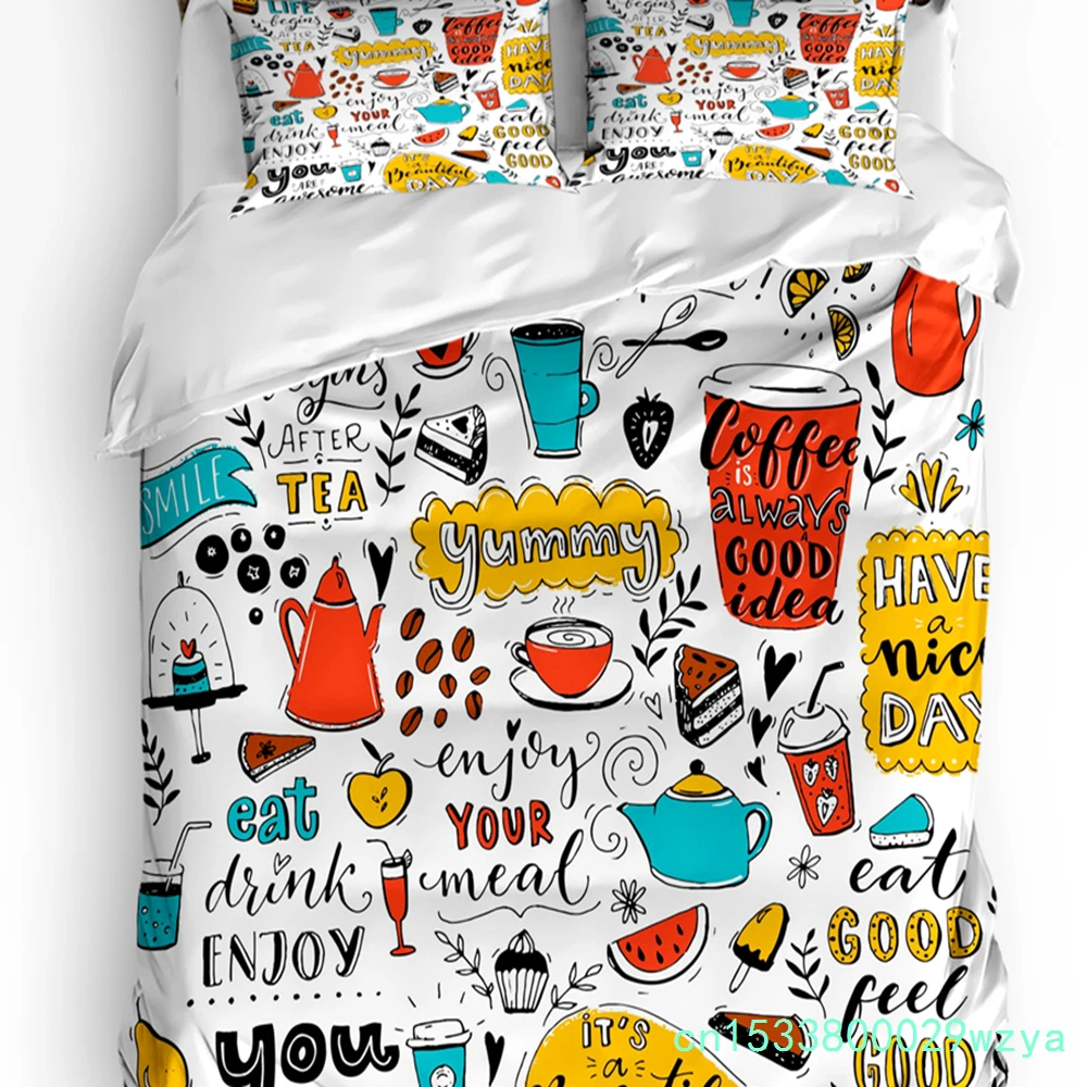 Coffee Shop Cafe Doodle Teapot Cup Food Bedding Set 3pcs Duvet Cover Pillowcase Quilt Cover Double Bed Set Home Textile