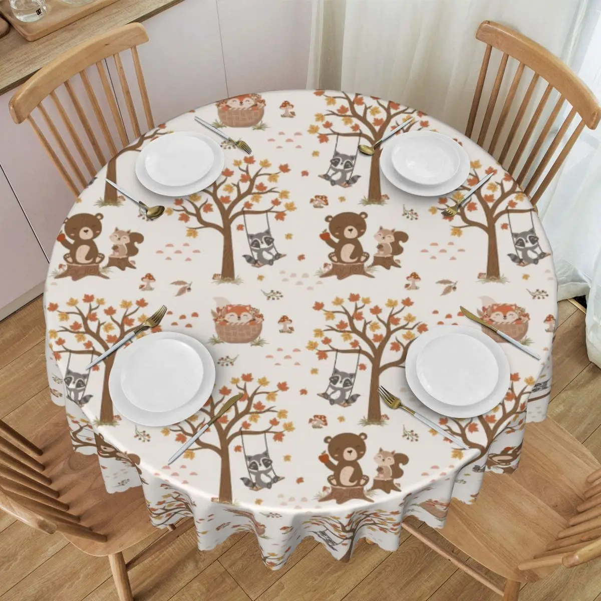 Customized Autumn Woodland Animals Scene Fabric Tablecloth Round Oilproof Table Cloth Cover for Party 60 inch