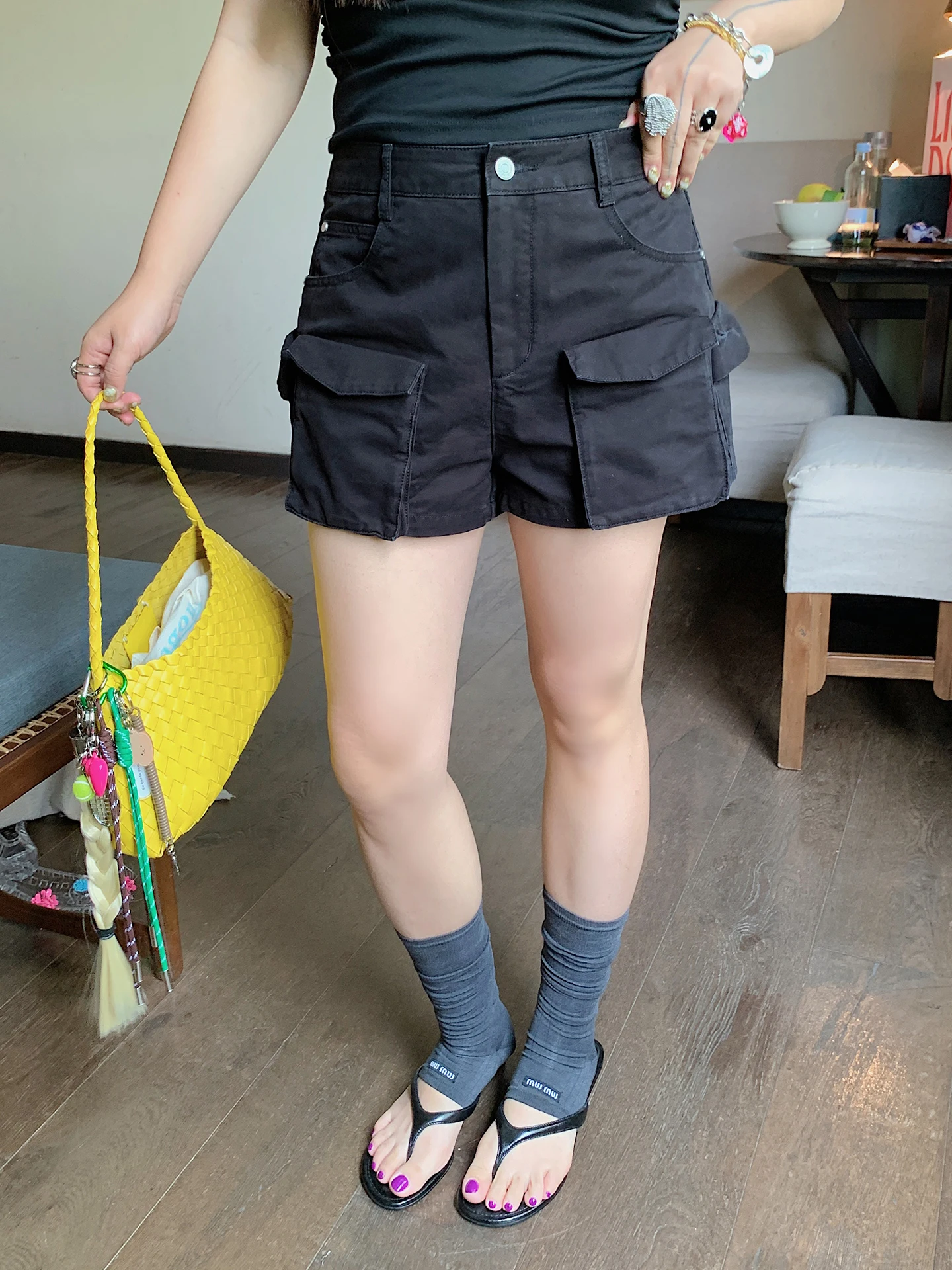 

Джинсовые шорты с высокой талией для женщин, лето 2025, новинка, повседневные, на молнии, широкие штанины, хлопок, черные, для стильных девушек