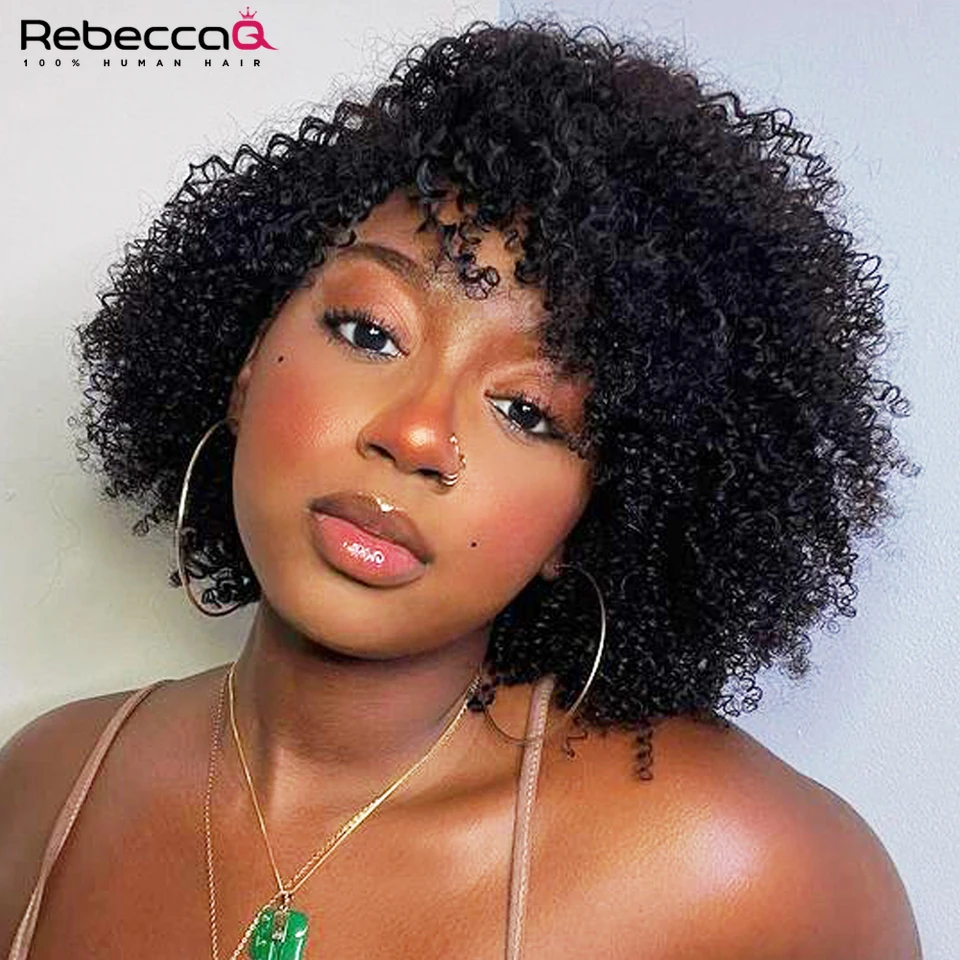 

Afro Kinky Curly Hair Short Curly Bob Wigs For Women Brazilian Human Hair Wigs Highlight Human Hair Wig With Bangs 180% Density