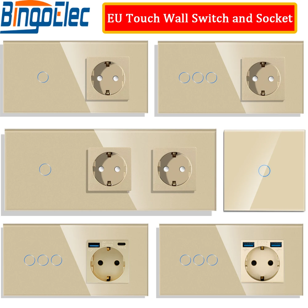 

Bingoelec Touch Light Switches 1Way Wall Switches 1/2/3 Gang LED Switches Blue Backlight EU Standard Sockets USB Phone Charge