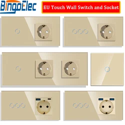 Bingoelec Touch Light Switches 1Way Wall Switches 1/2/3 Gang LED Switches Blue Backlight EU Standard Sockets USB Phone Charge