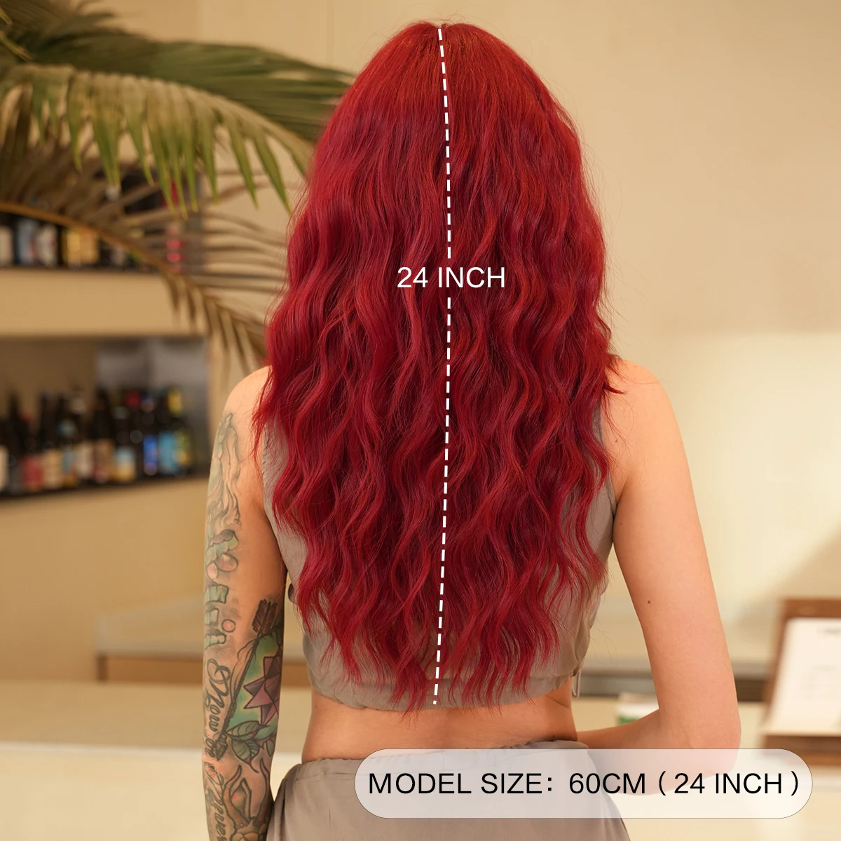 7JHH WIGS Long Loose Water Wavy Wine Red Wig for Women Daily Party High Density Synthetic Layered Hair Wigs with Neat Bangs