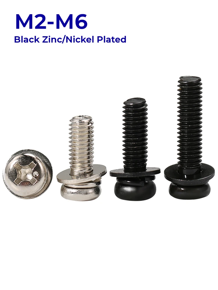 

M2 M2.5 M3 M4 M5 M6 Black Zinc/Nickel Plated Round Head Phillips Pan Head Screws with Flat Washers Spring Washers Assembly Bolts