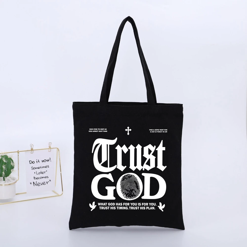 Trust GOD Style Canvas Tote Bag with Typography Print, Casual Daily Shopping and Urban Outings