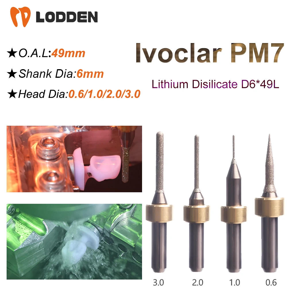 

Ivoclar PM7 Dental Milling Burs Grinding Lithium Disilicate D6 Shank 49mm Length Cutter Glass Ceramic 0.6/1.0/2.0/3.0MM Cutters