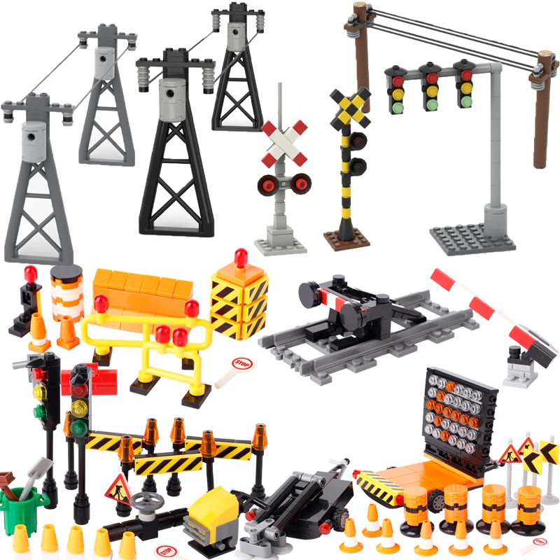 

MOC городская баррикада строительные блоки дорожные аксессуары сигнальный столб барьер железная дорога телеграфный столб сигнальный свет DIY кирпичные игрушки подарки
