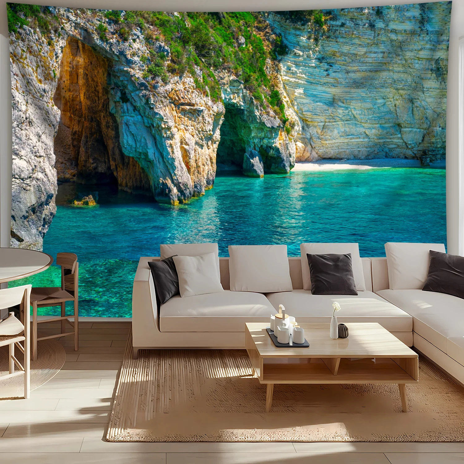Turquoise Sea Cave Beach Tapestry, Crystal Clear Water Rocky Cliffs Coastal Nature Landscape Wall Art For Home Decor
