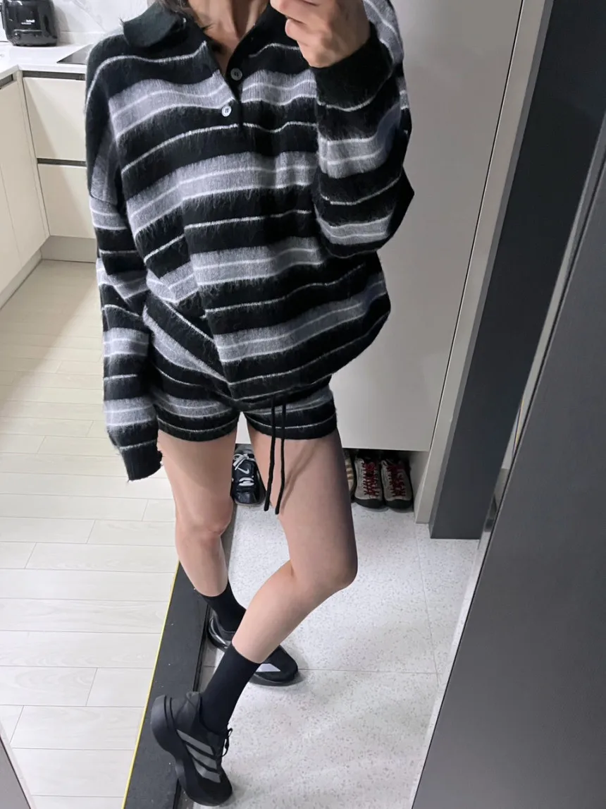 Pantaloncini lavorati a maglia in due pezzi autunno inverno da donna Set maglione ampio a maniche lunghe con colletto rovesciato + maglione con coulisse in vita