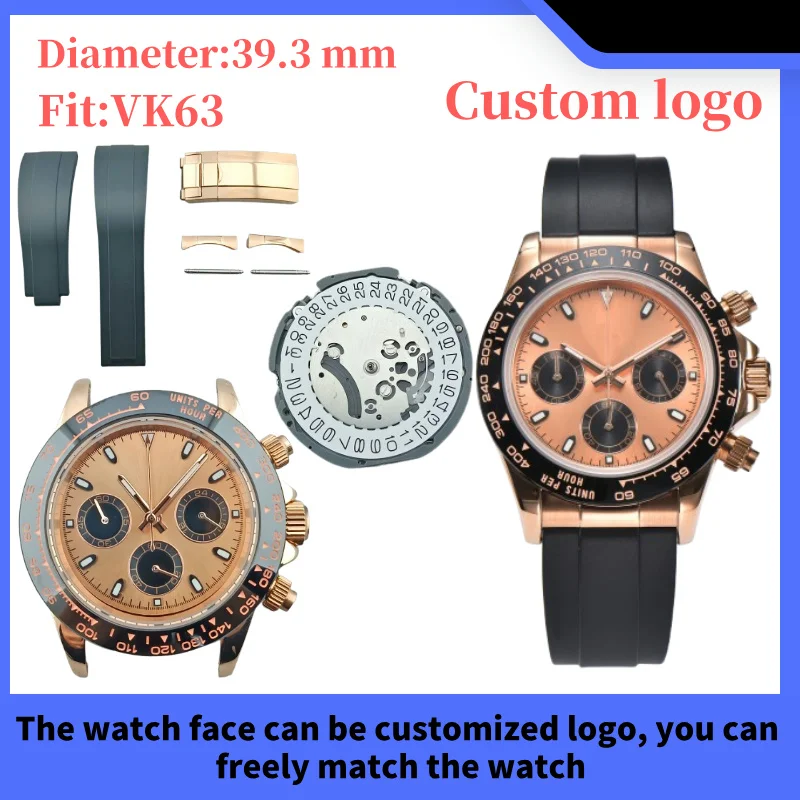 

39.3mm VK63 watch case 316L stainless steel sapphire glass for VK63 movement assembly 10bar waterproof, custom logo