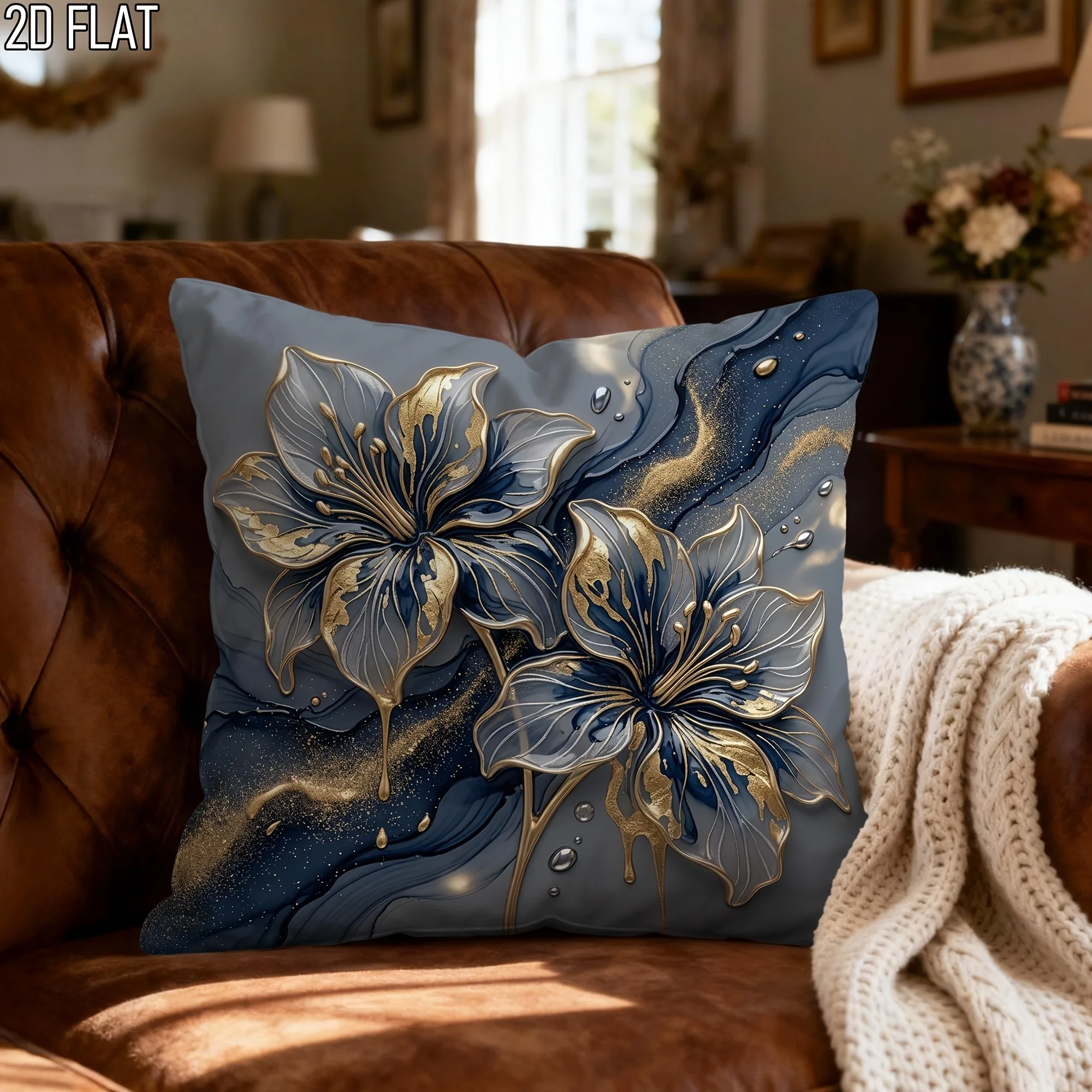 Luxury Blue Gold Lily Floral Print Throw Pillow Cover, Marble Fluid Art Style Decorative Cushion for Living Room Bedroom Sofa