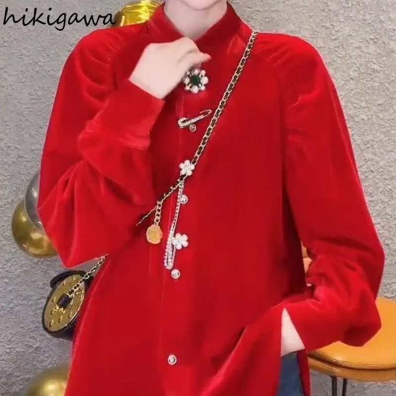 Korean Velvet Camisas De Mujer Pink Blouses for Women Temperament Lady Tops Oversized Shirts Stand Neck Vintage Fashion Blouse