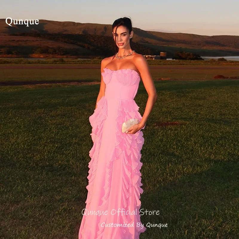 

Qunque Handmade Pink Chiffon Evening Dresses Ruffle Tiered Layers Trim Prom Dresses A Line Sleeveless Robes De Soirée Customized