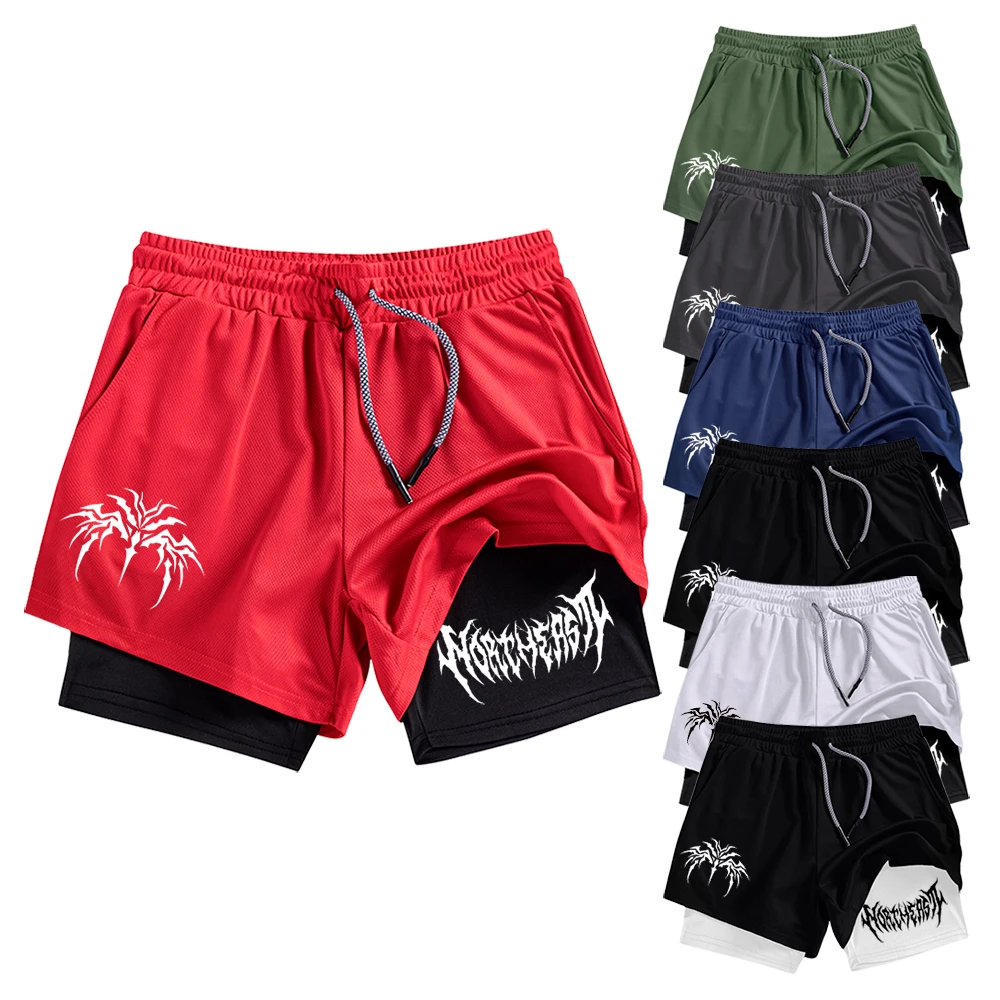 

Мужские двухслойные пляжные шорты, быстросохнущие спортивные шорты для тренировок в тренажерном зале с карманом для телефона и петлей для полотенец, острый, витой шрифт с шипами