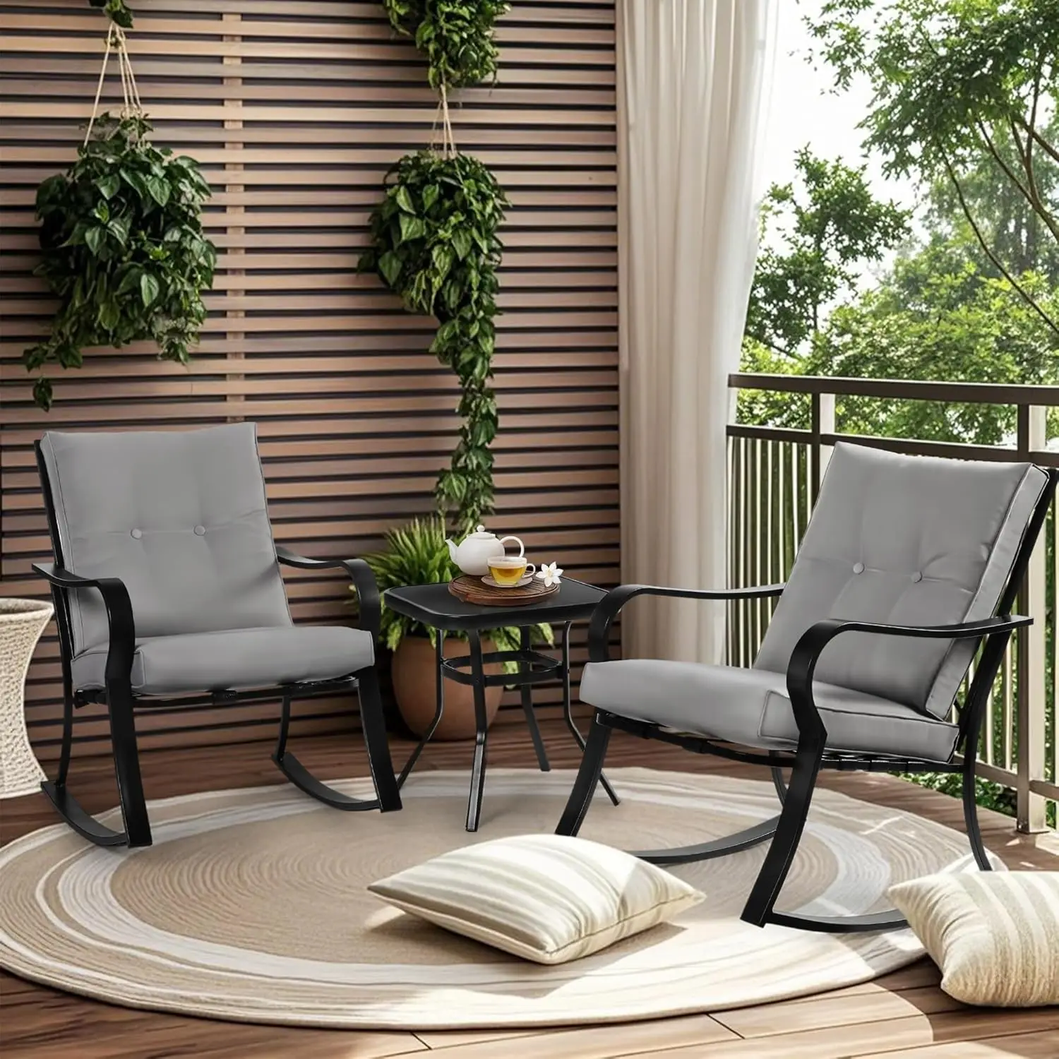 new 3 Piece Patio Bistro Set Outdoor Rocking Chairs Set, Porch Patio Conversation Chairs Set of 2 with Glass-Top Coffee, Customi