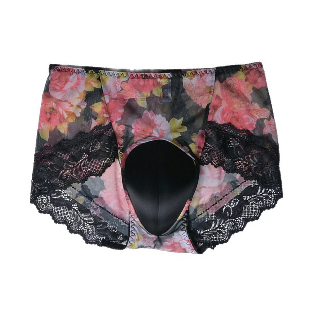 Men Ice Silk Trunks Lace Mesh Briefs Soft Underwear 3D Bulge Pouch Lingerie Ultra Hot Panties Floral Print Sissy Pantie Calcinha