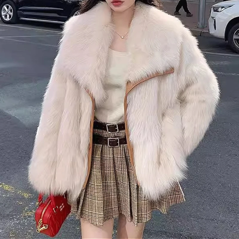 معطف فرو صناعي للنساء سترة فرو متينة كبيرة بياقة مقلوبة وأكمام طويلة وزر مغطى فضفاض غير رسمي للمكتب للسيدات لخريف وشتاء 2025 #1