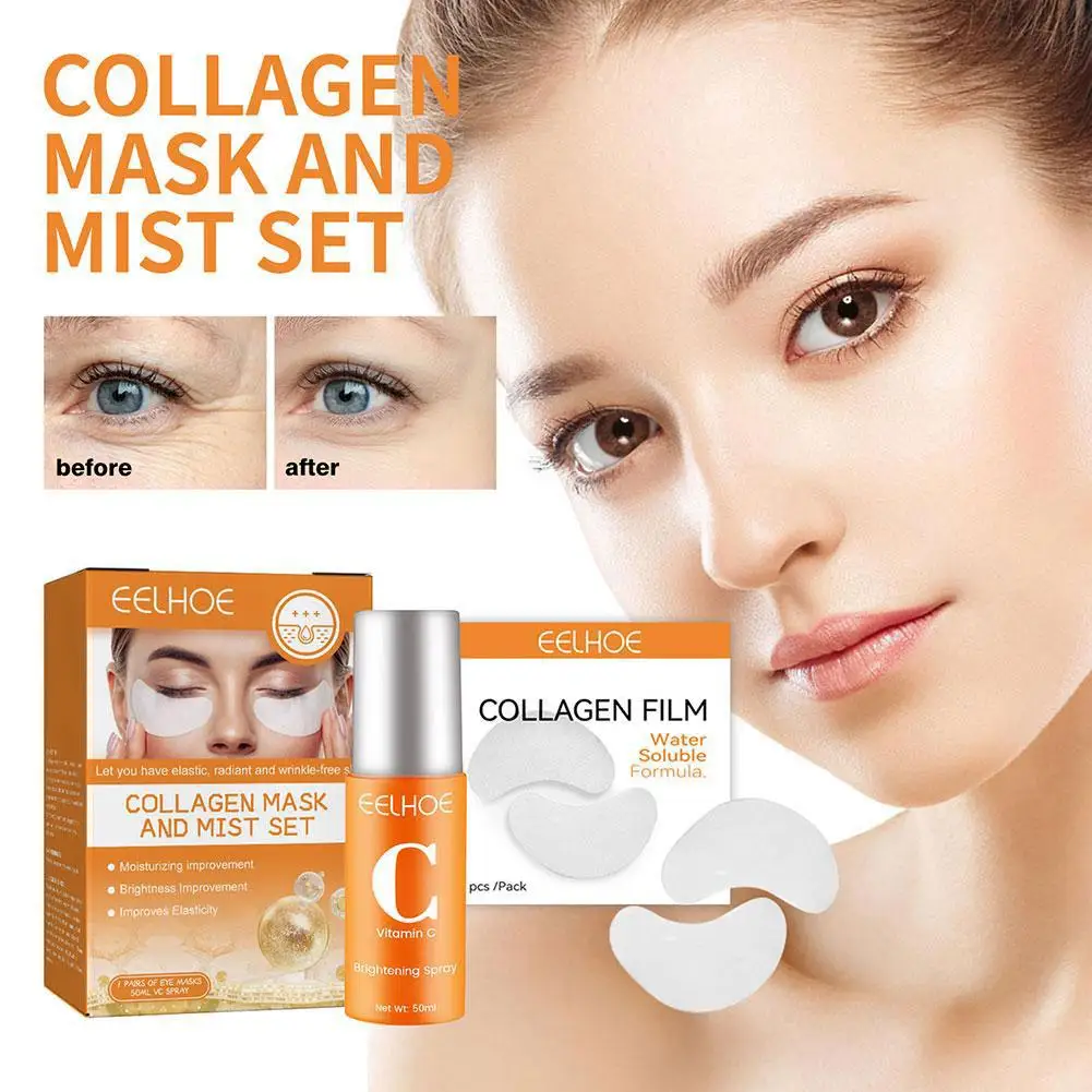 

5pcs Mask/1pair Eye Mask+1*50ml VC Spray Collagen Facial Skin Care Suit Highprime Soluble Anti-aging Mask Skin Care For Women