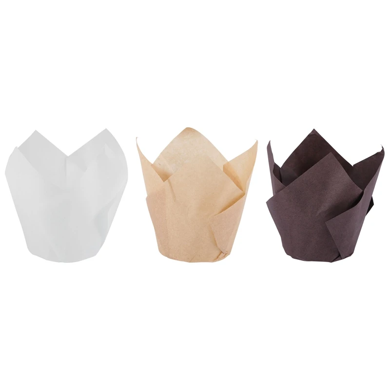 Tazas de tulipán para hornear magdalenas, soportes de revestimientos para hornear magdalenas, envoltorio rústico para magdalenas, Color marrón, blanco y natural, 200 piezas