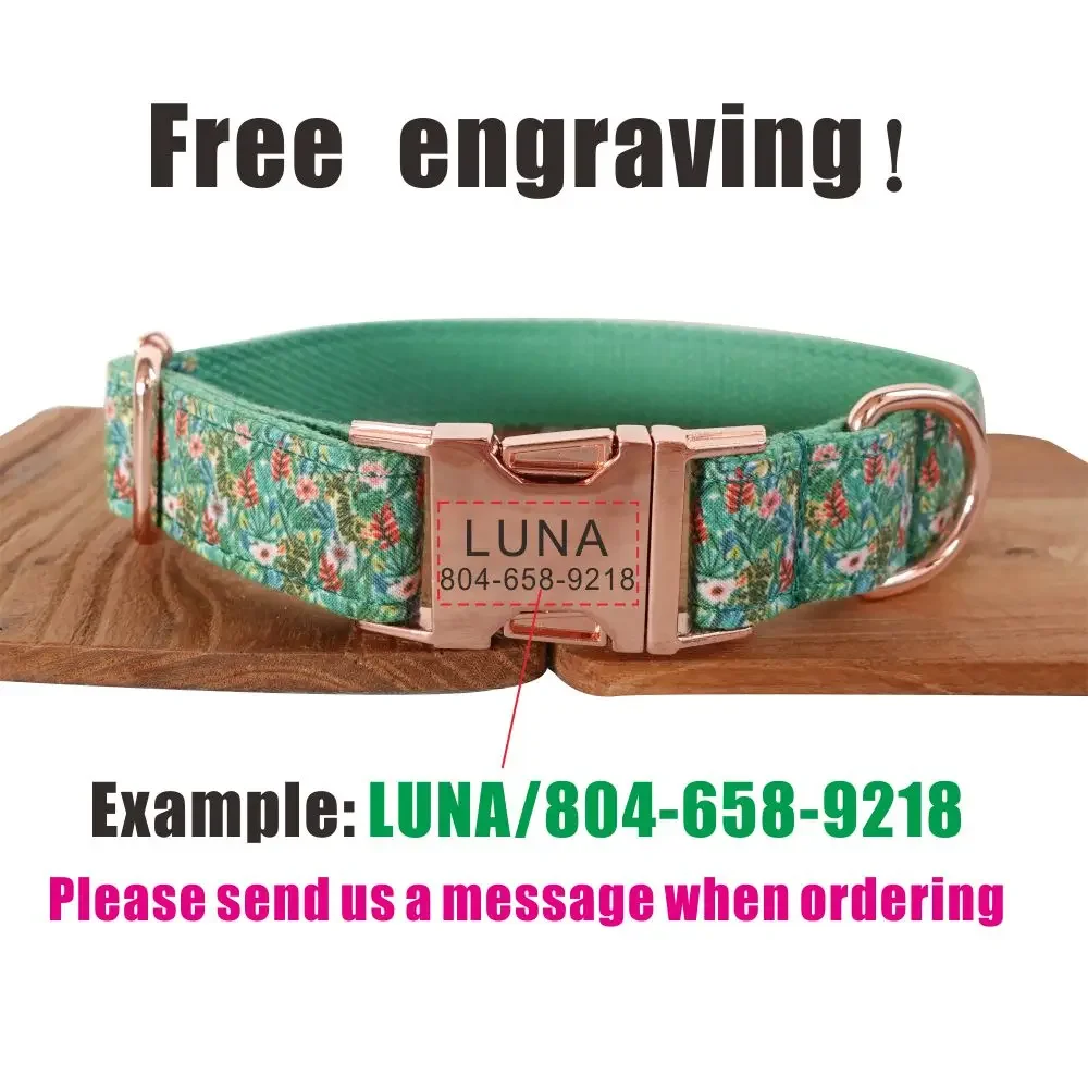 Personalized Dog Collar with Free Engraving, Matching Pet Leash,Customzied Contacts Metal Buckle,Green Flowers Pet Collar