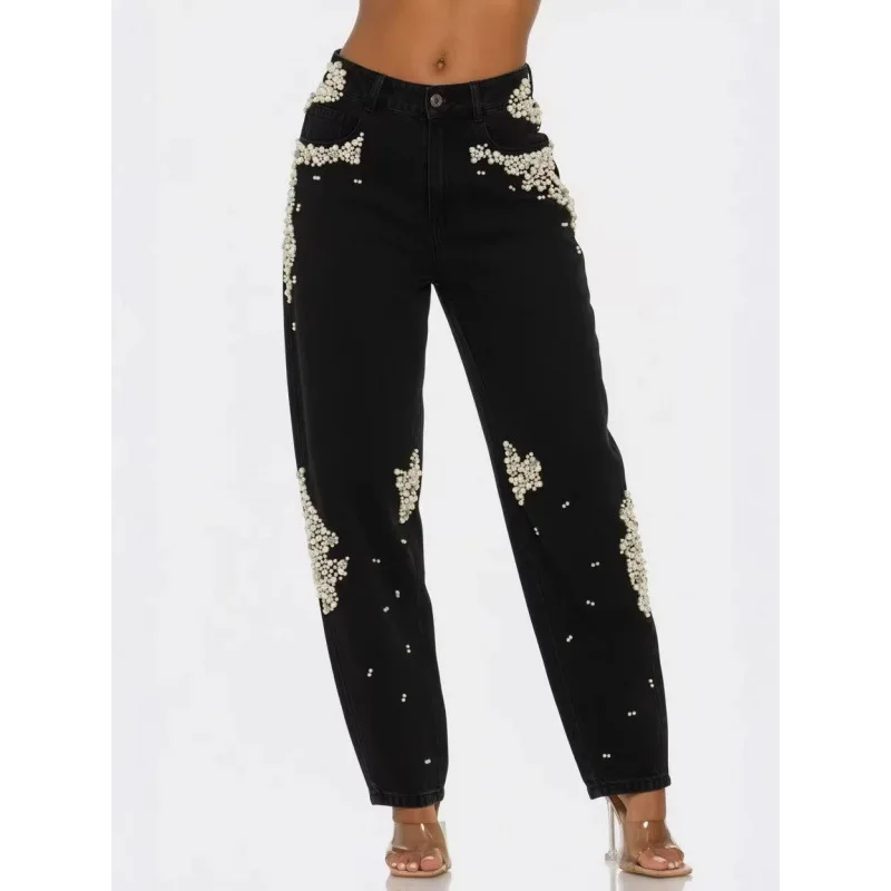

Black Nail Bead Straight Leg Denim Pants High Waist Loose Slim Fit Jeans Spring Autumn New Heavy Design Casual Urban Elegant