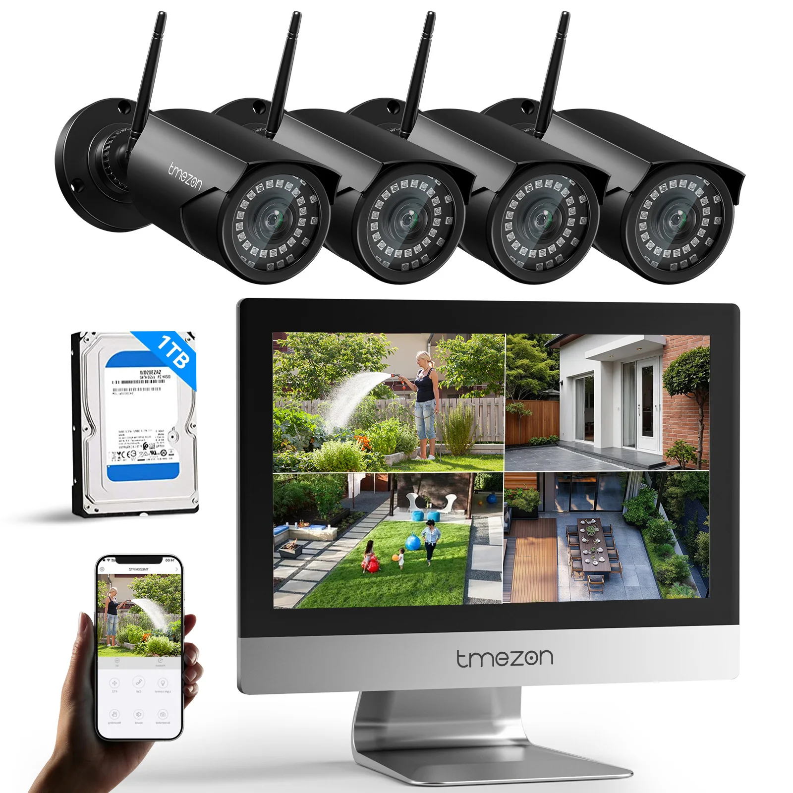 TMEZON- Home Wireless Security Camera System, 3MP NVR Kit, WLAN, 10 inch  monitor,Integrated