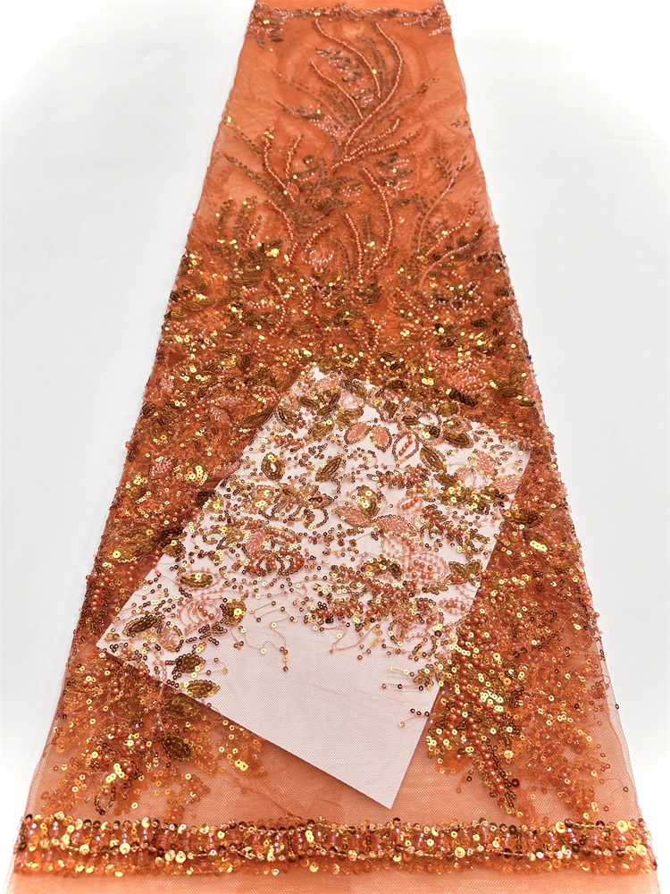 High Quality African red Handmade Beaded Lace Fabirc 2025 Sewing sequins Embroidery Nigreian Lace Fabric Women Wedding Dress - Image 4