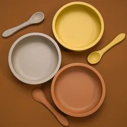 Food Grade Kids Dining Tableware Feeding Set Baby Training Sucker Bowl Soft Silicone Spoon Fork Set For Toddler Dishes