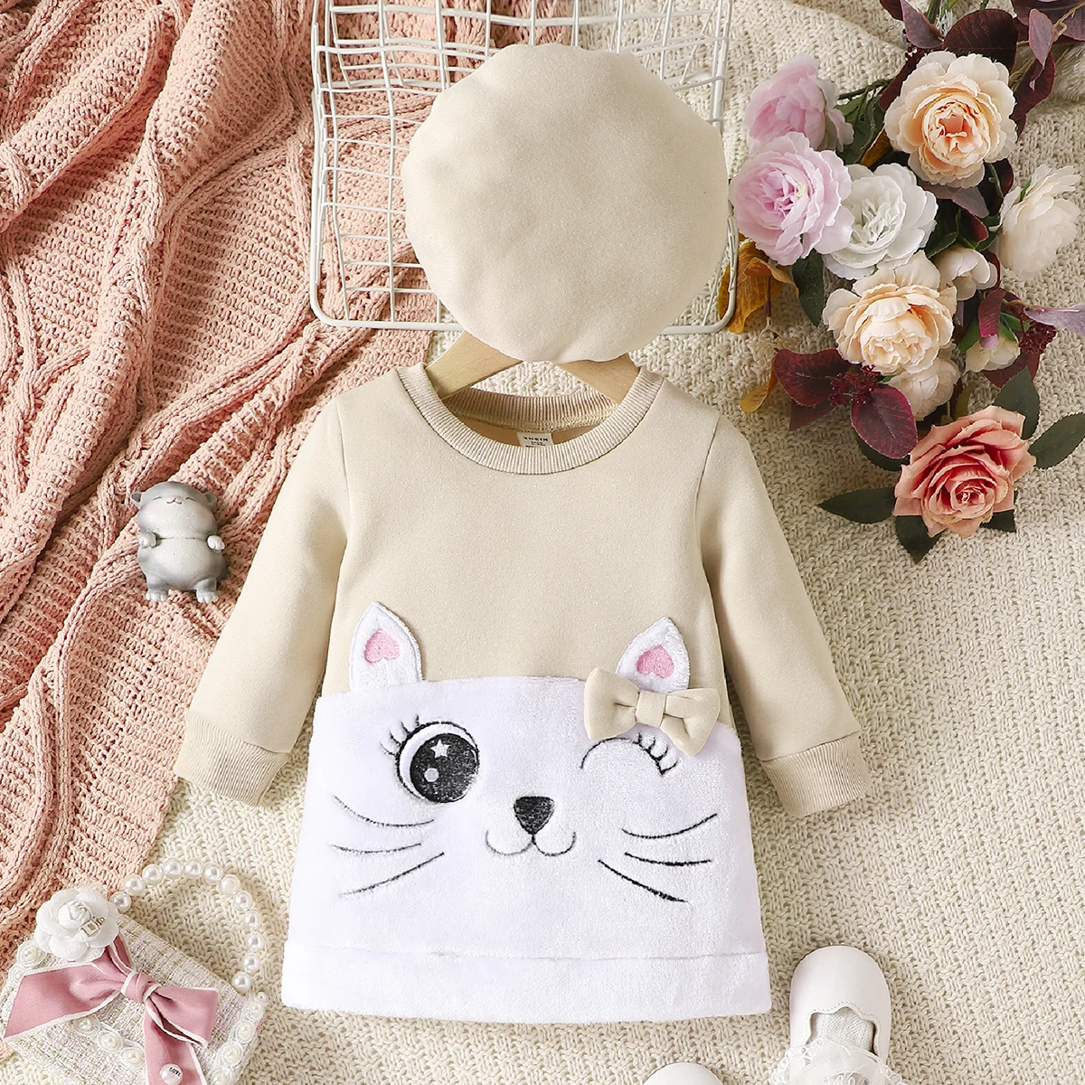 Spring And Autumn Girls  Dress  Hat  Round Neck  Long Sleeve Cartoon Cat Bow Pattern  Fashionable And Warm