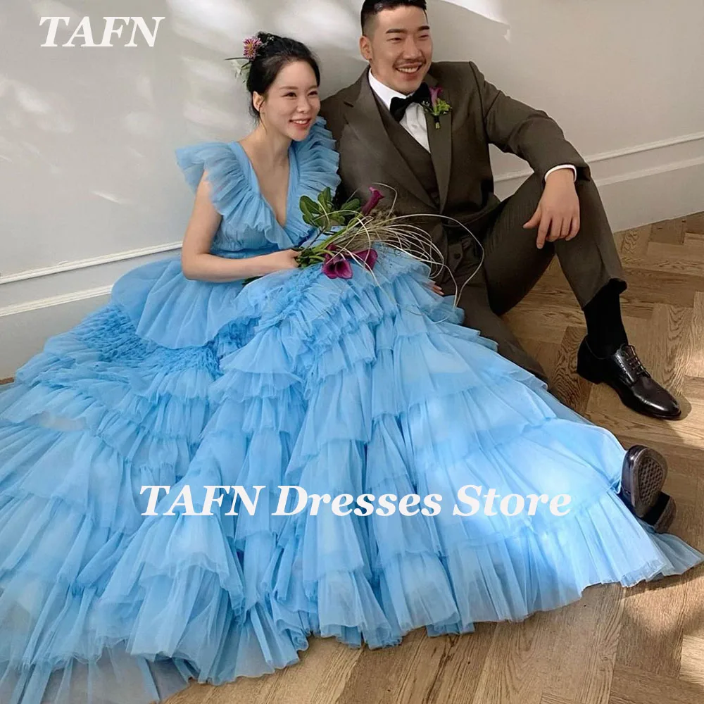 

TAFN Blue Luxury Wedding Dresses V-Neck Sleeveless Ruffle Bridal Gown A-line Tiered Pleat Tulle Ball Gown For Bride