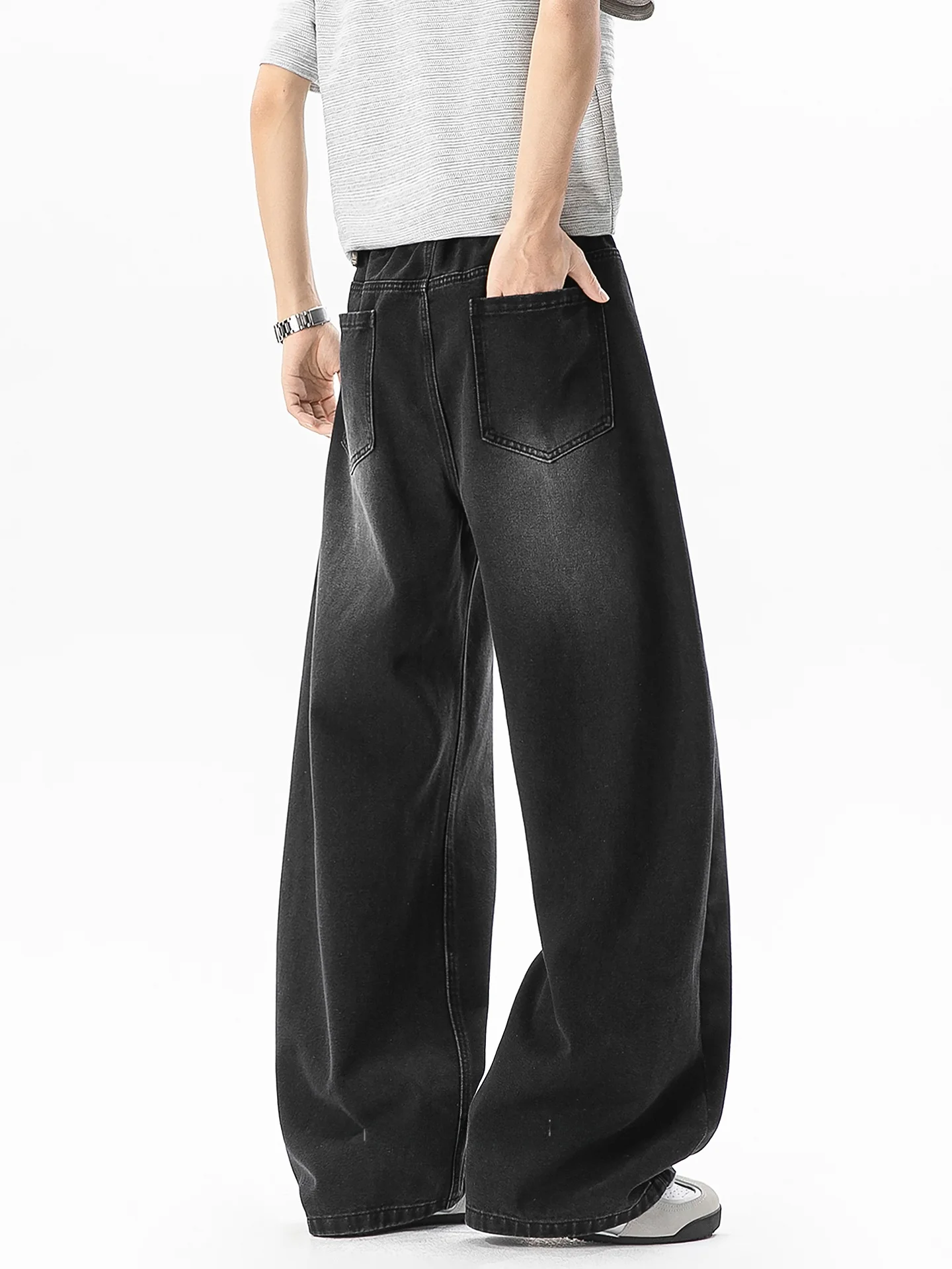 

V37 American Vintage Washed Black Jeans Men Summer Trendy Wide Leg Long Pants High Street Loose Knife Jeans