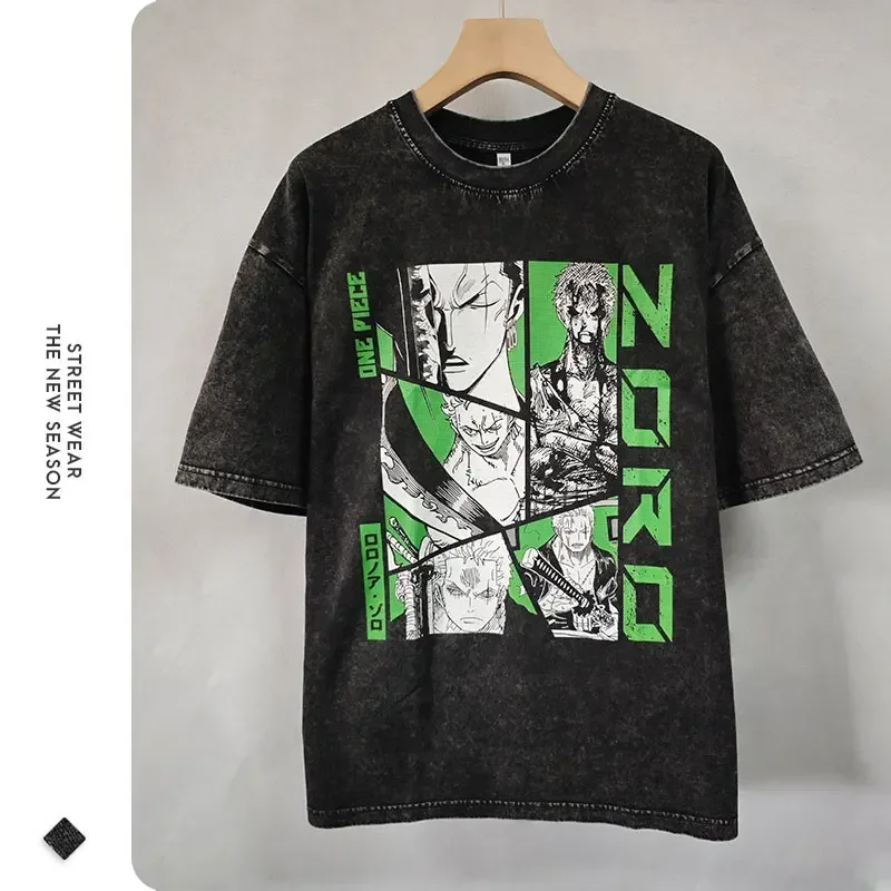 Bilibili Roronoa Zoro T-shirts Vintage Washed Anime One P-Piece T-shirt Streetwear Oversized L-Luffy Manga Tops Tees 100% Cotton