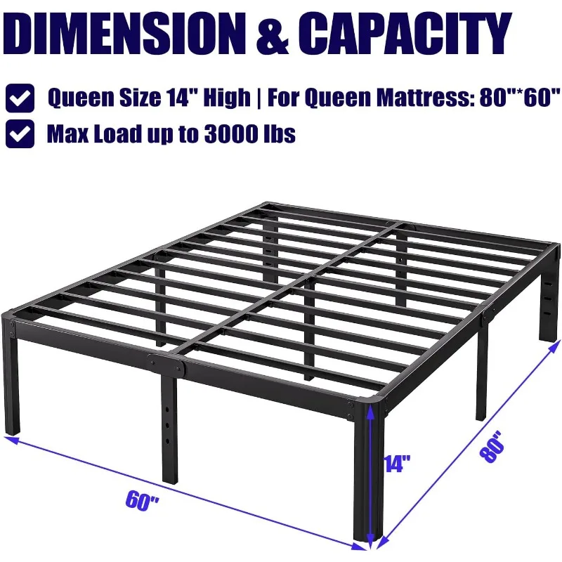 14-calowa rama łóżka typu queen-size bez sprężyny pudełkowej, wytrzymała metalowa rama łóżka w rozmiarze queen-size z okrągłymi narożnikami, bez hałasu, czarna