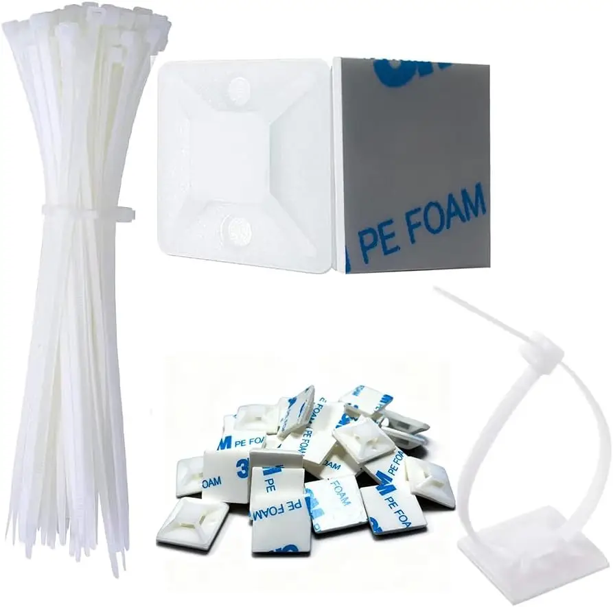 

Cable Management Kit - 100 Adhesive Cable Zip Tie Mounts with 8" Zip Ties | UV Resistant Wire Organizers for Indoor/Outdoor Use