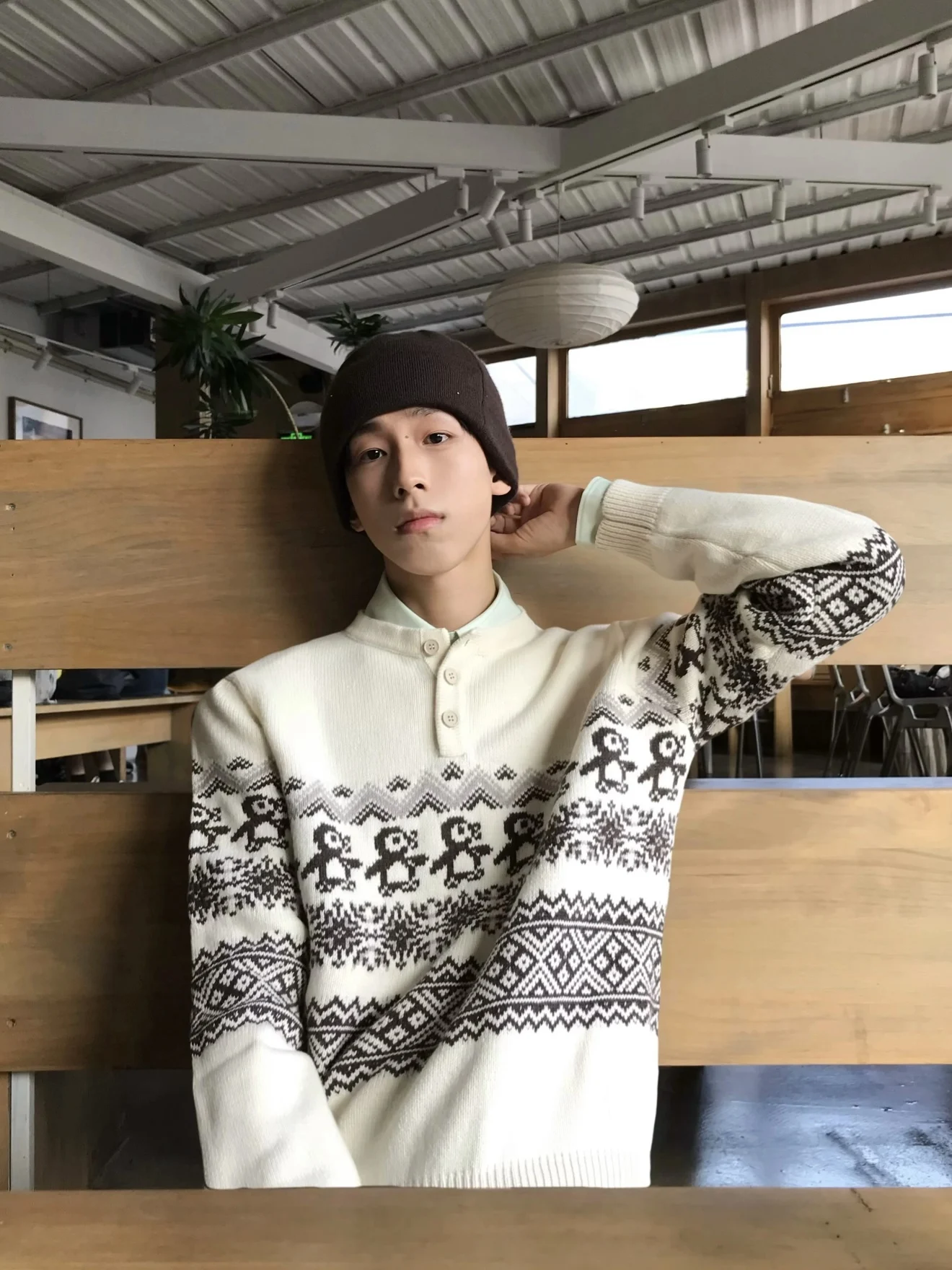 

Retro Penguin Knitted Sweater round Ne Casual Men's Autumn Winter Warm Loose Fit Overhead Long Sve Animal Patterned