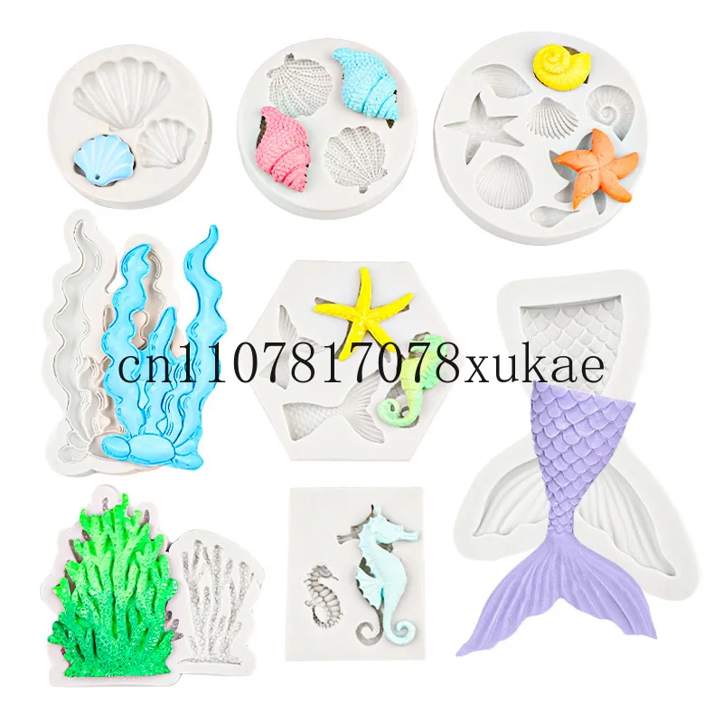 

Internet Red Sea Series Shell Coral Silicone Mold Fondant Mold Seahorse Fish Tail Starfish Baked Cake Chocolate Mold