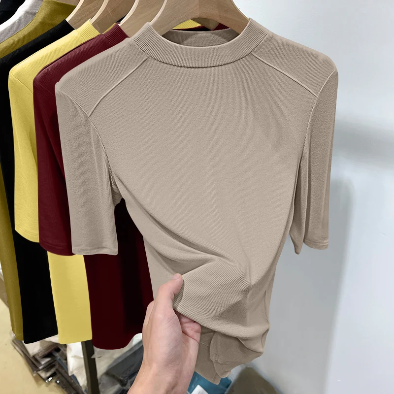 

Faionable Five-Quarter Sve Women's T-irt Ribbed Base irt Versatile Top Casual Sle Commute Suitable Basic Fit round...