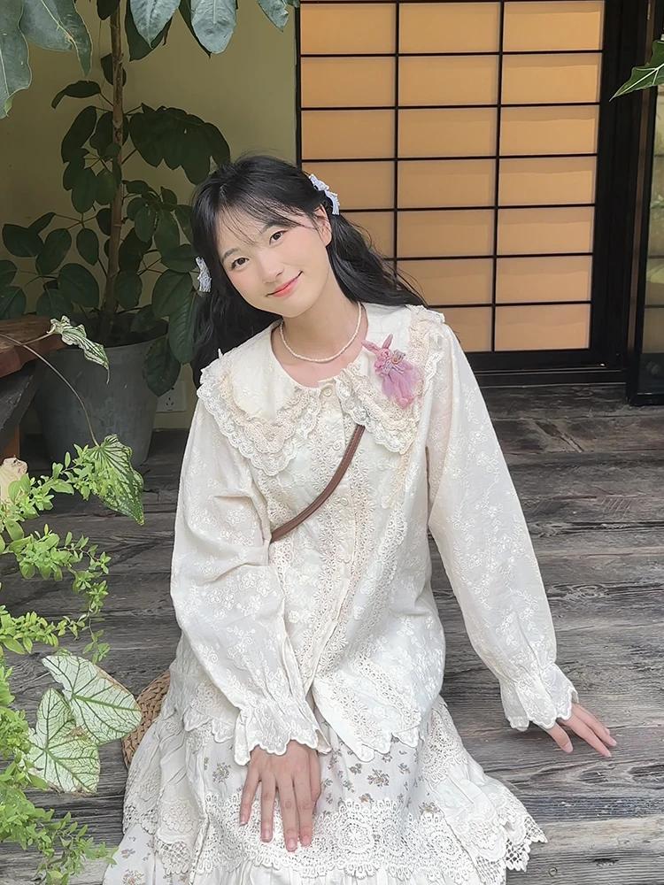 

Японская свободная рубашка с длинным рукавом, воротником «Питер Пэн» и декором в виде кролика, белая, женская, милая, однотонная, из чистого хлопка, повседневная